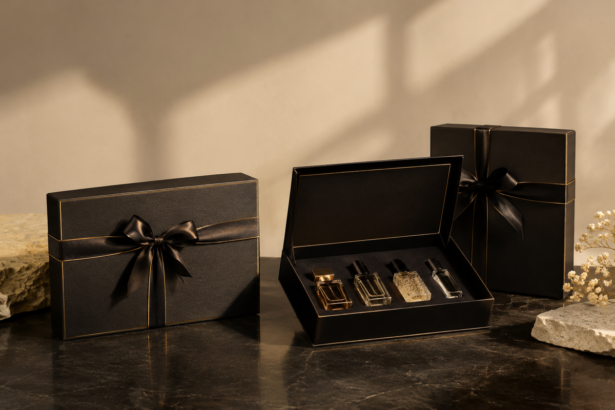 Luxury black and gold fragrance gift box editorial image